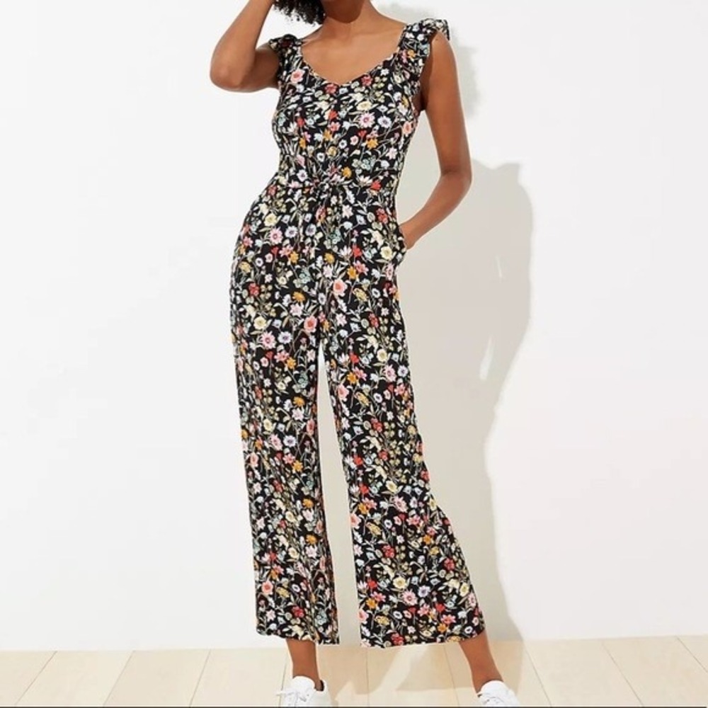 LOFT Jumpsuit Womens 10 Black Floral Ruffle Wide Leg